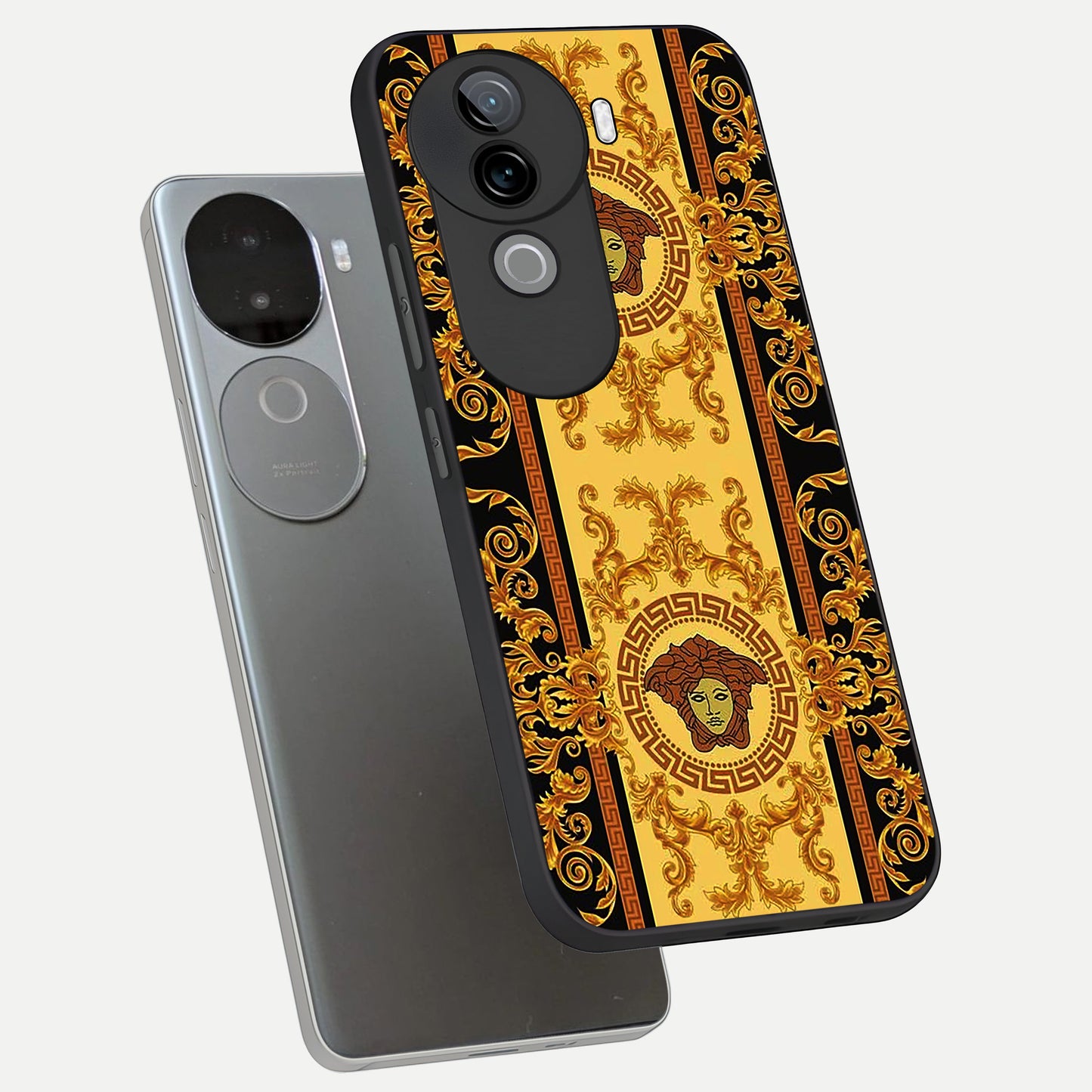  Golden Royal Heritage phone case for iQOO Z9s showing premium glass back cover with detailed artwork