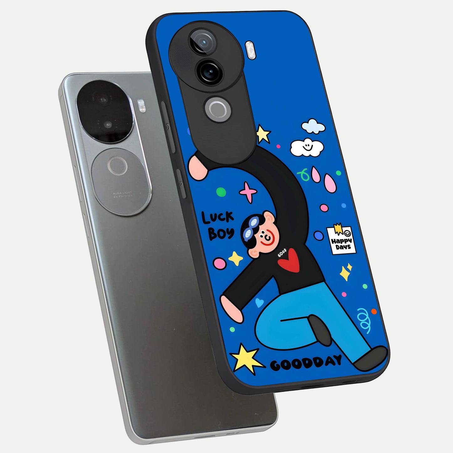  Happy Luck Vibe phone case for iQOO Z9s showing premium glass back cover with detailed artwork
