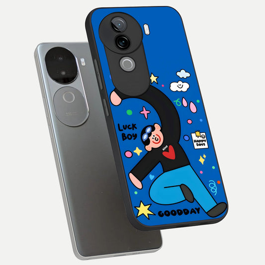  Happy Luck Vibe phone case for iQOO Z9s showing premium glass back cover with detailed artwork