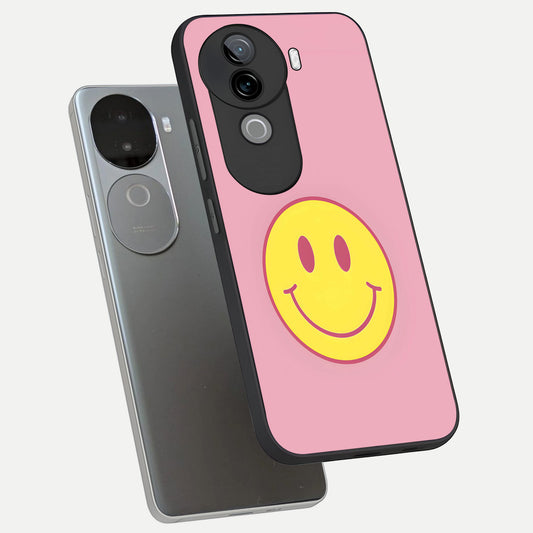  Happy Pink Mood phone case for iQOO Z9s showing premium glass back cover with detailed artwork