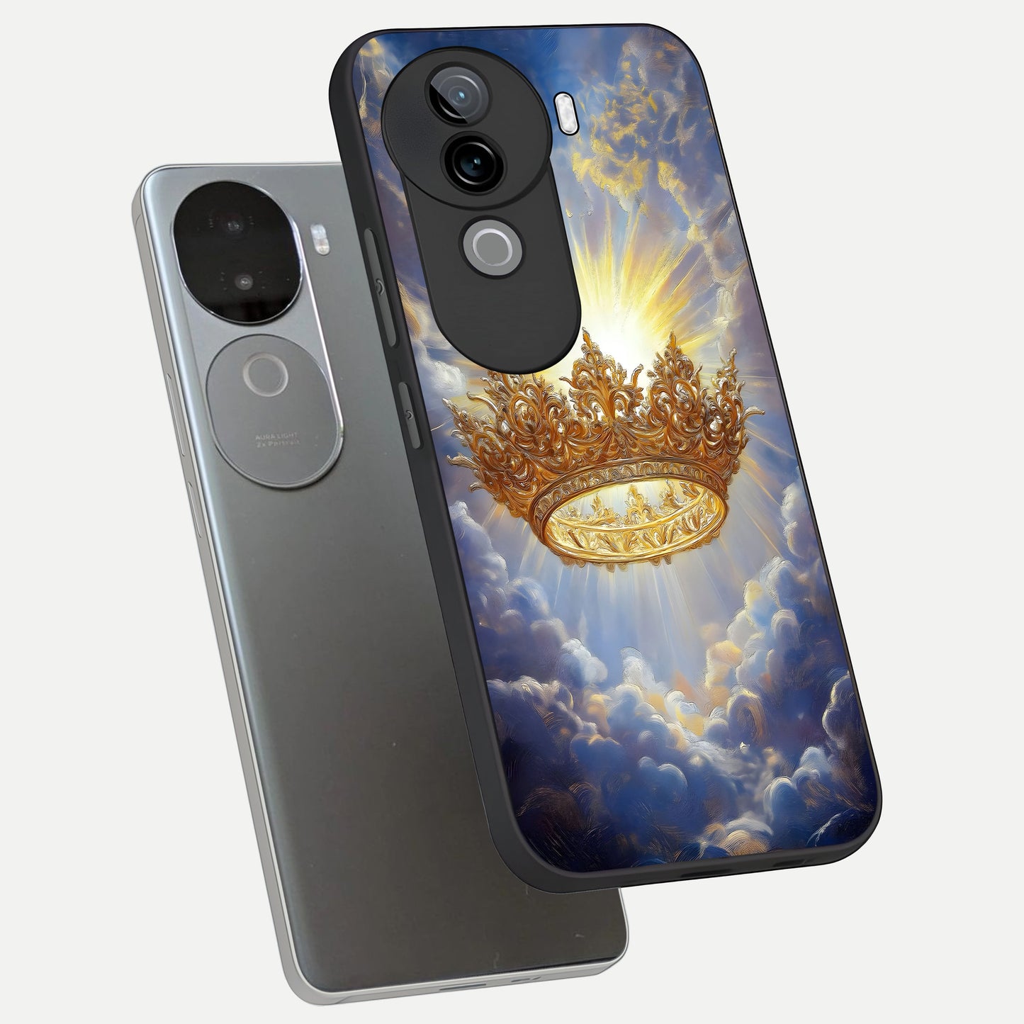  Heavenly Crown Light phone case for iQOO Z9s showing premium glass back cover with detailed artwork