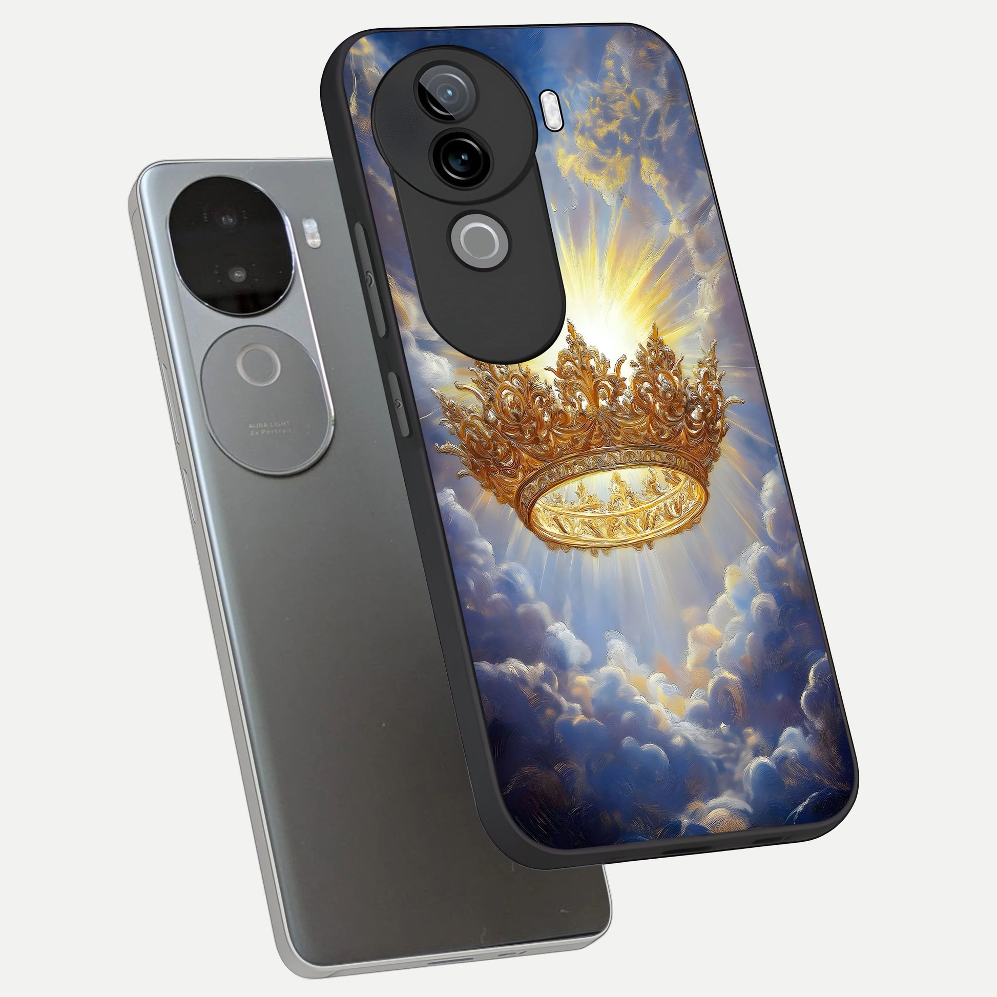  Heavenly Crown Light phone case for iQOO Z9s showing premium glass back cover with detailed artwork