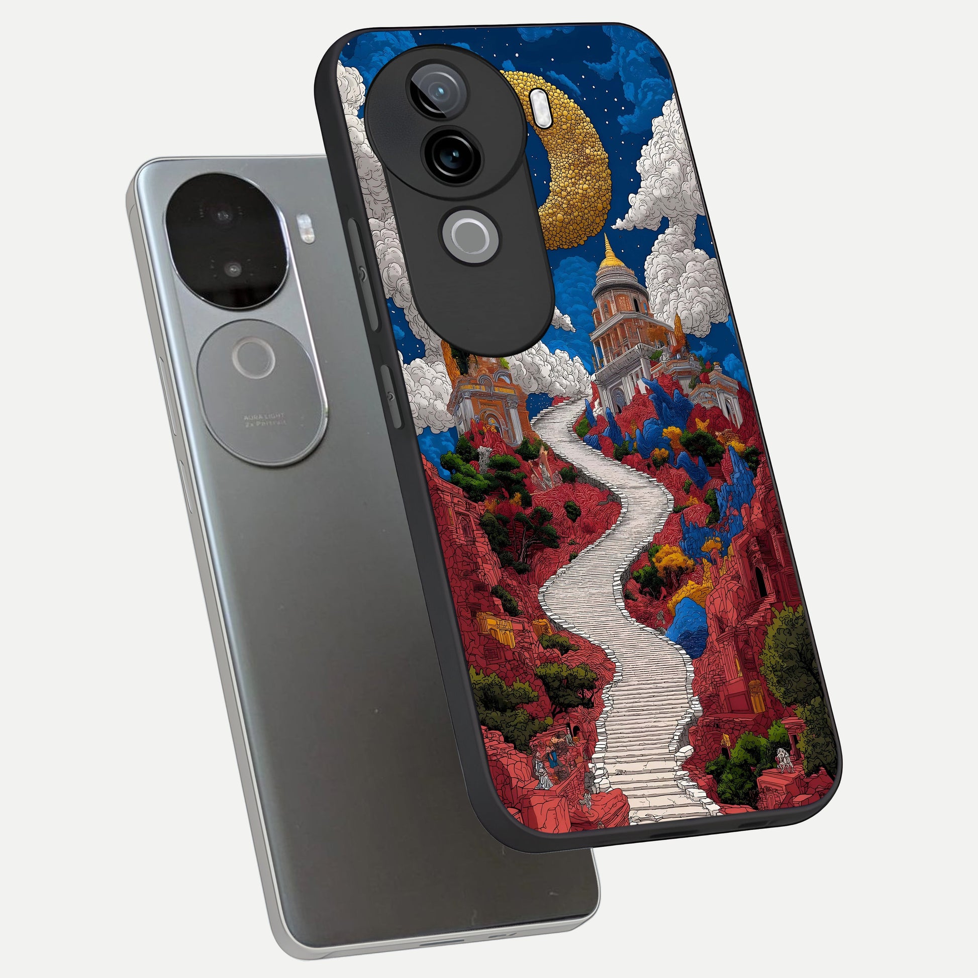  Heavenly Moon Path phone case for iQOO Z9s showing premium glass back cover with detailed artwork