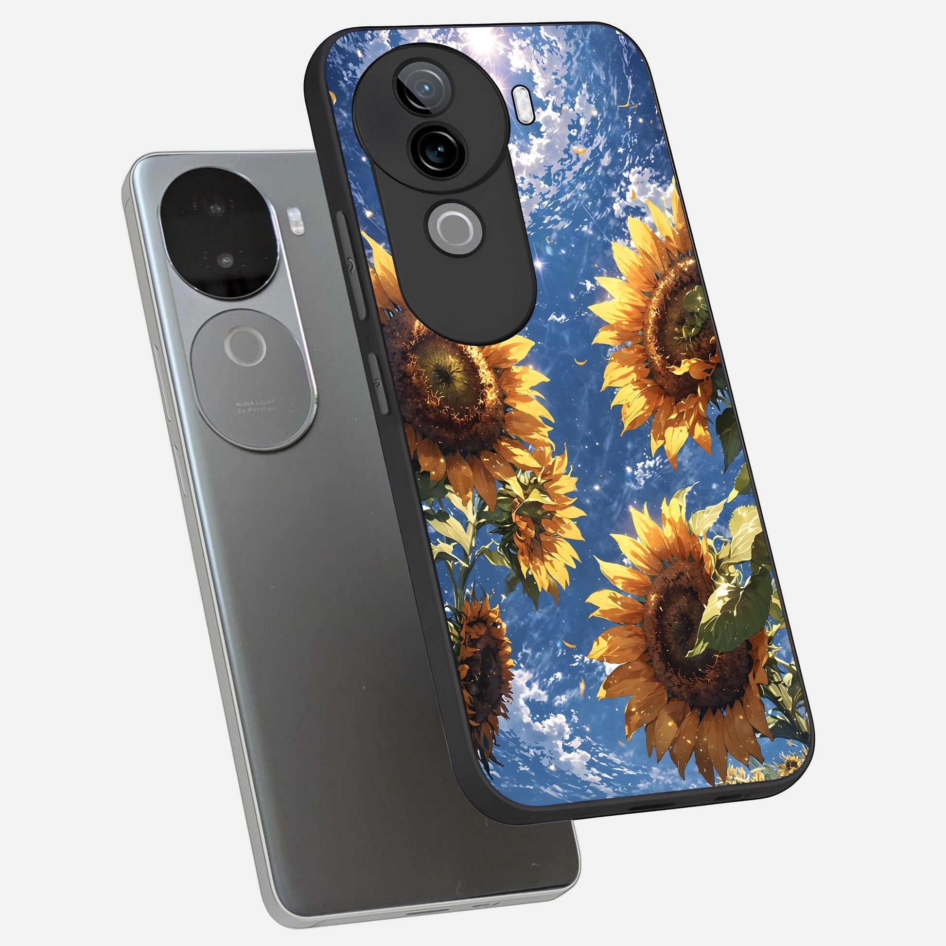  Heavenly Sunflower Rise phone case for iQOO Z9s showing premium glass back cover with detailed artwork