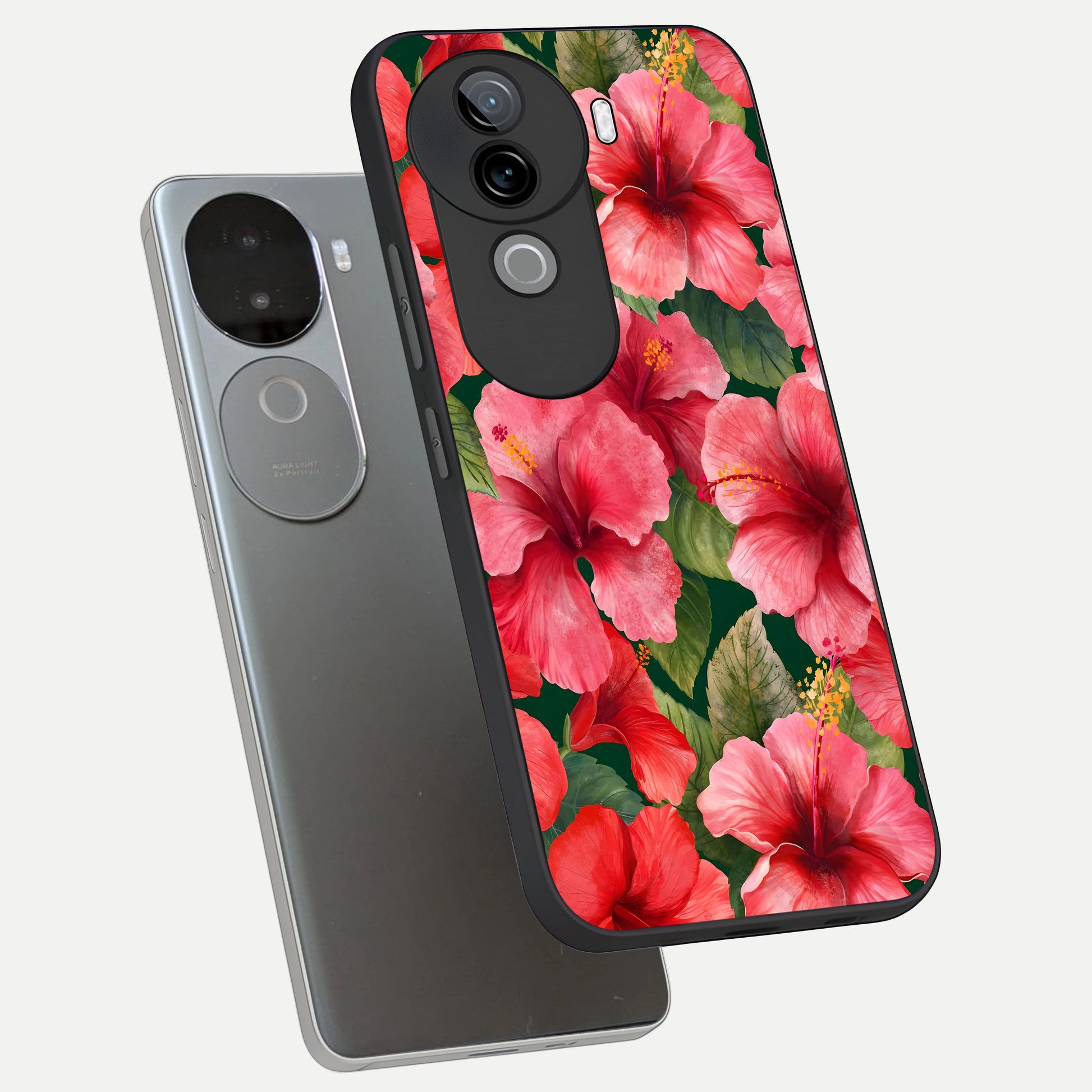  Hibiscus Pattern phone case for iQOO Z9s showing premium glass back cover with detailed artwork