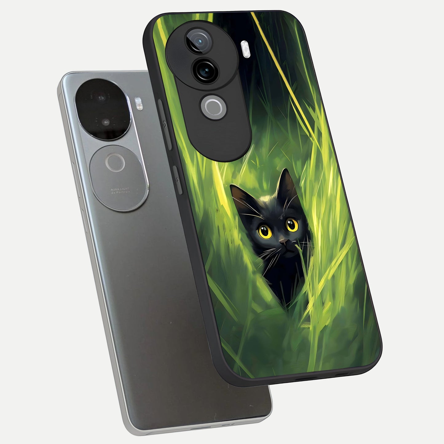 Hidden Cat Whisper phone case for iQOO Z9s showing premium glass back cover with detailed artwork