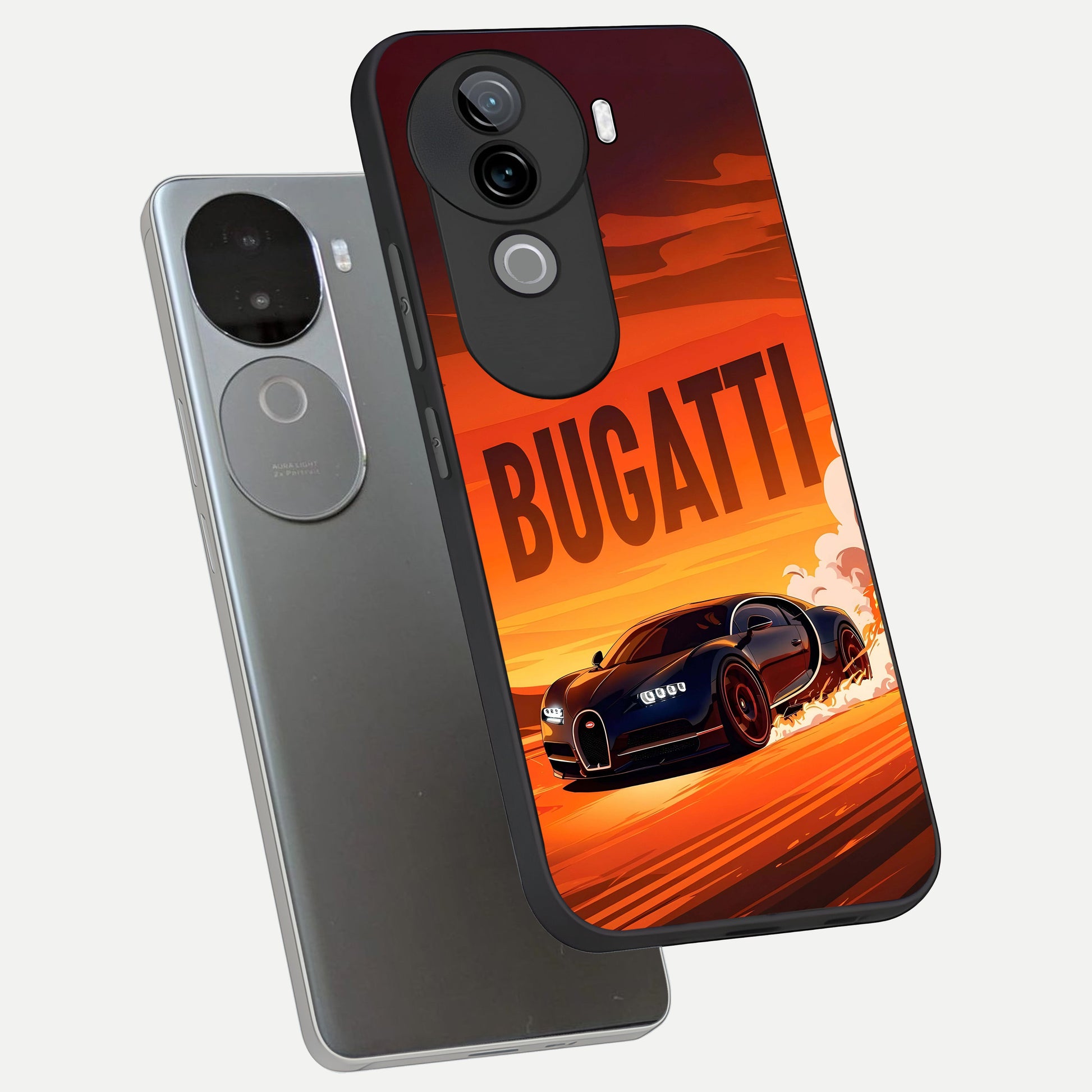  Inferno Bugatti Storm phone case for iQOO Z9s showing premium glass back cover with detailed artwork