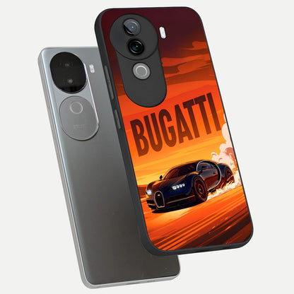  Inferno Bugatti Storm phone case for iQOO Z9s showing premium glass back cover with detailed artwork