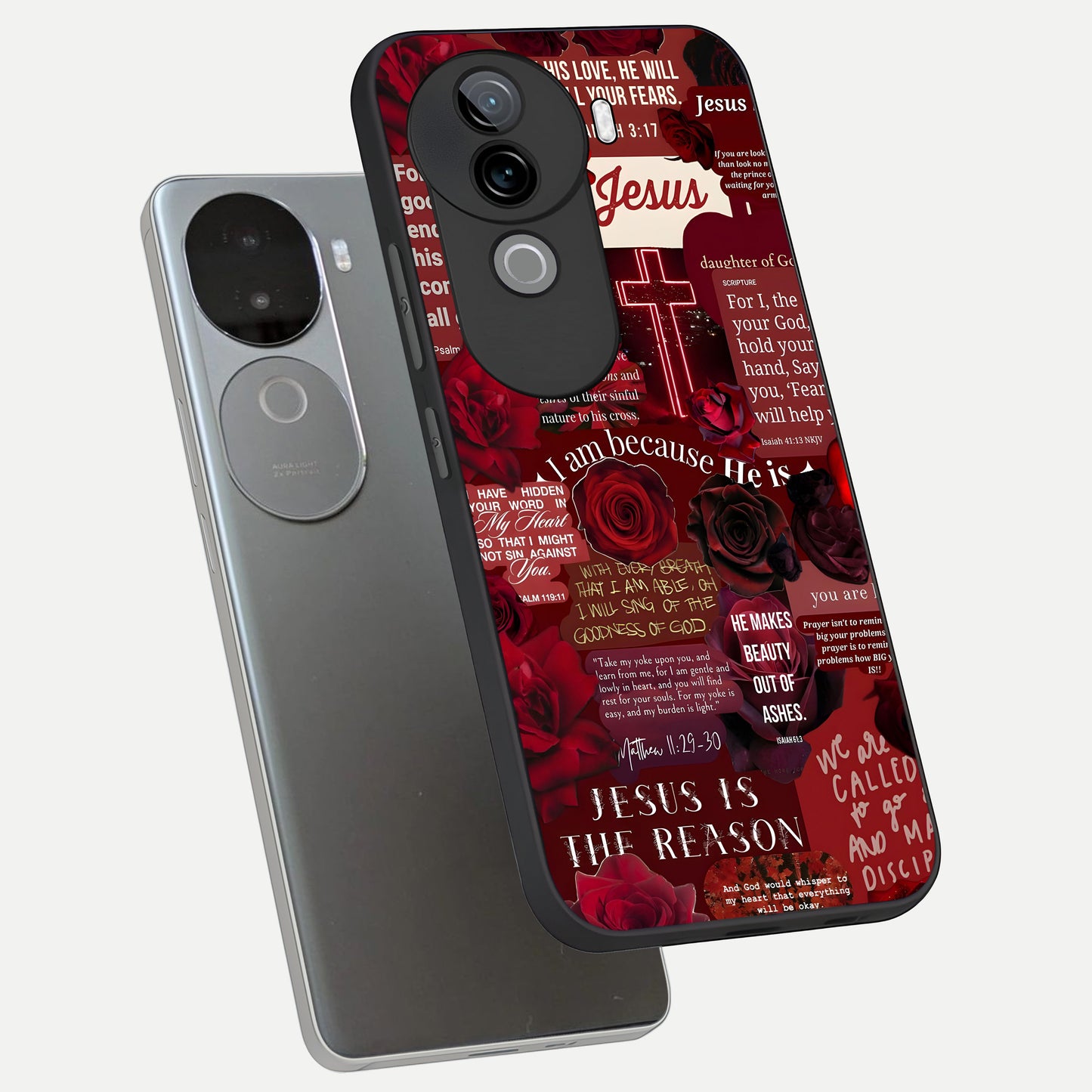  Jesus Love Heals phone case for iQOO Z9s showing premium glass back cover with detailed artwork