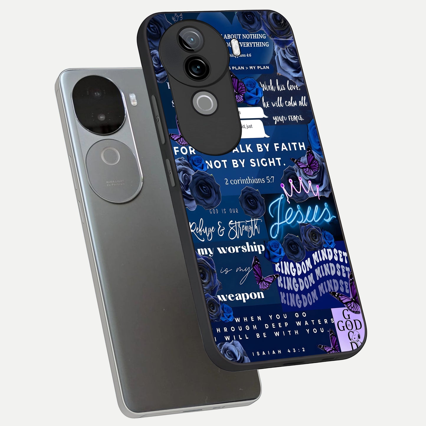  Kingdom Faith Glow phone case for iQOO Z9s showing premium glass back cover with detailed artwork