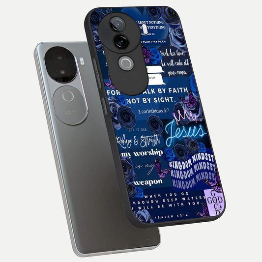  Kingdom Faith Glow phone case for iQOO Z9s showing premium glass back cover with detailed artwork