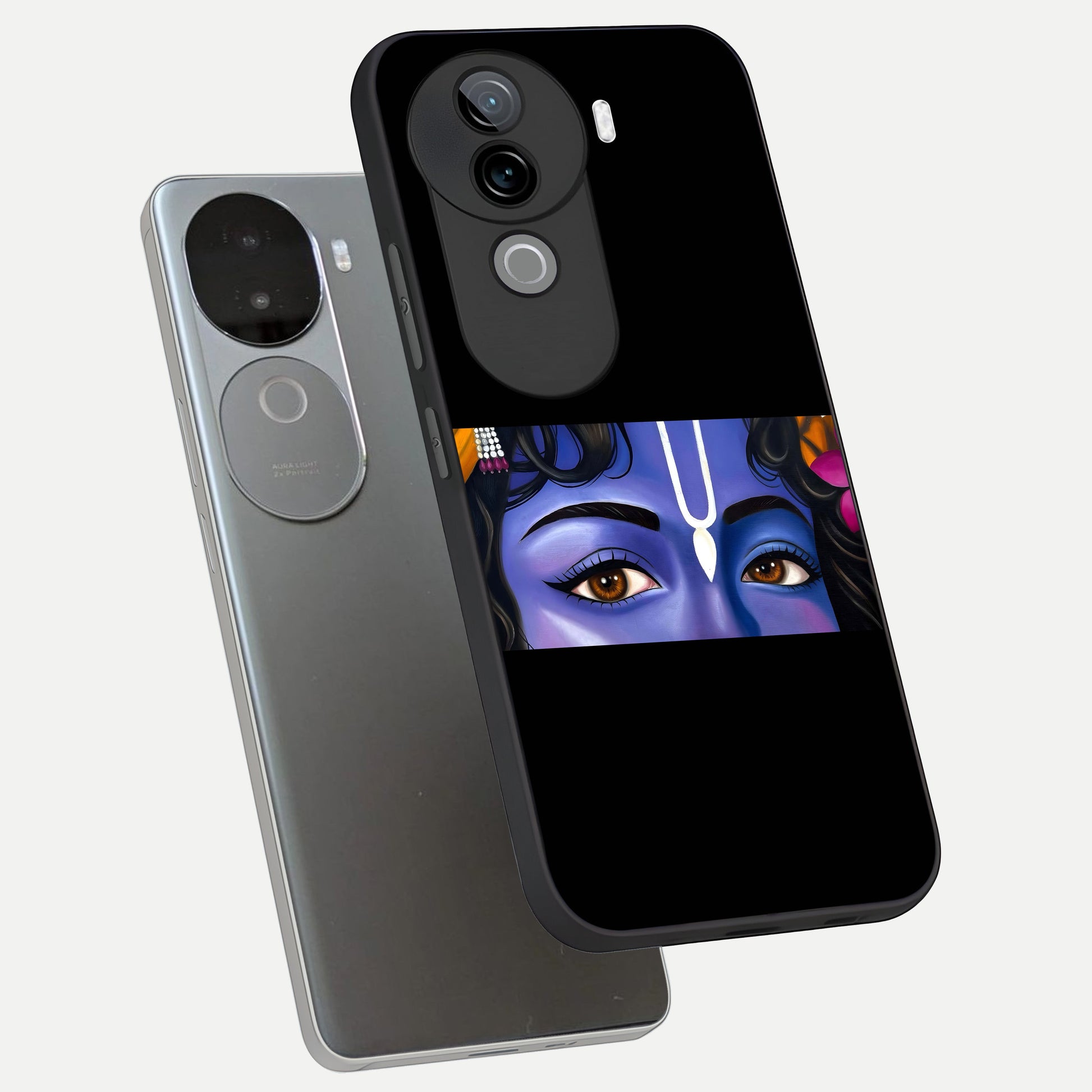  Krishna Eye phone case for iQOO Z9s showing premium glass back cover with detailed artwork