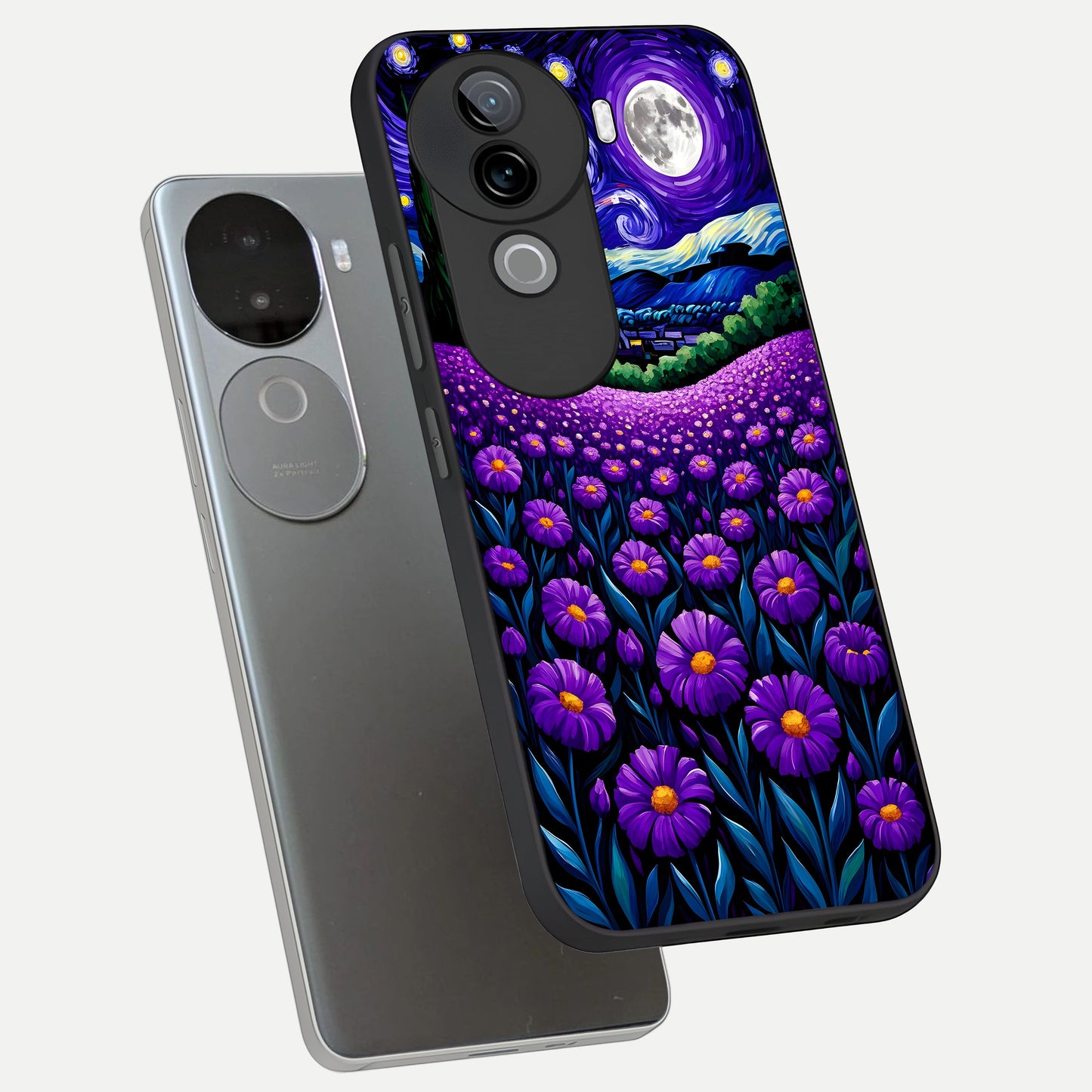  Lavender Moon Field phone case for iQOO Z9s showing premium glass back cover with detailed artwork