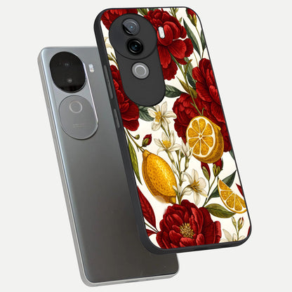  Lemon Rose Charm phone case for iQOO Z9s showing premium glass back cover with detailed artwork