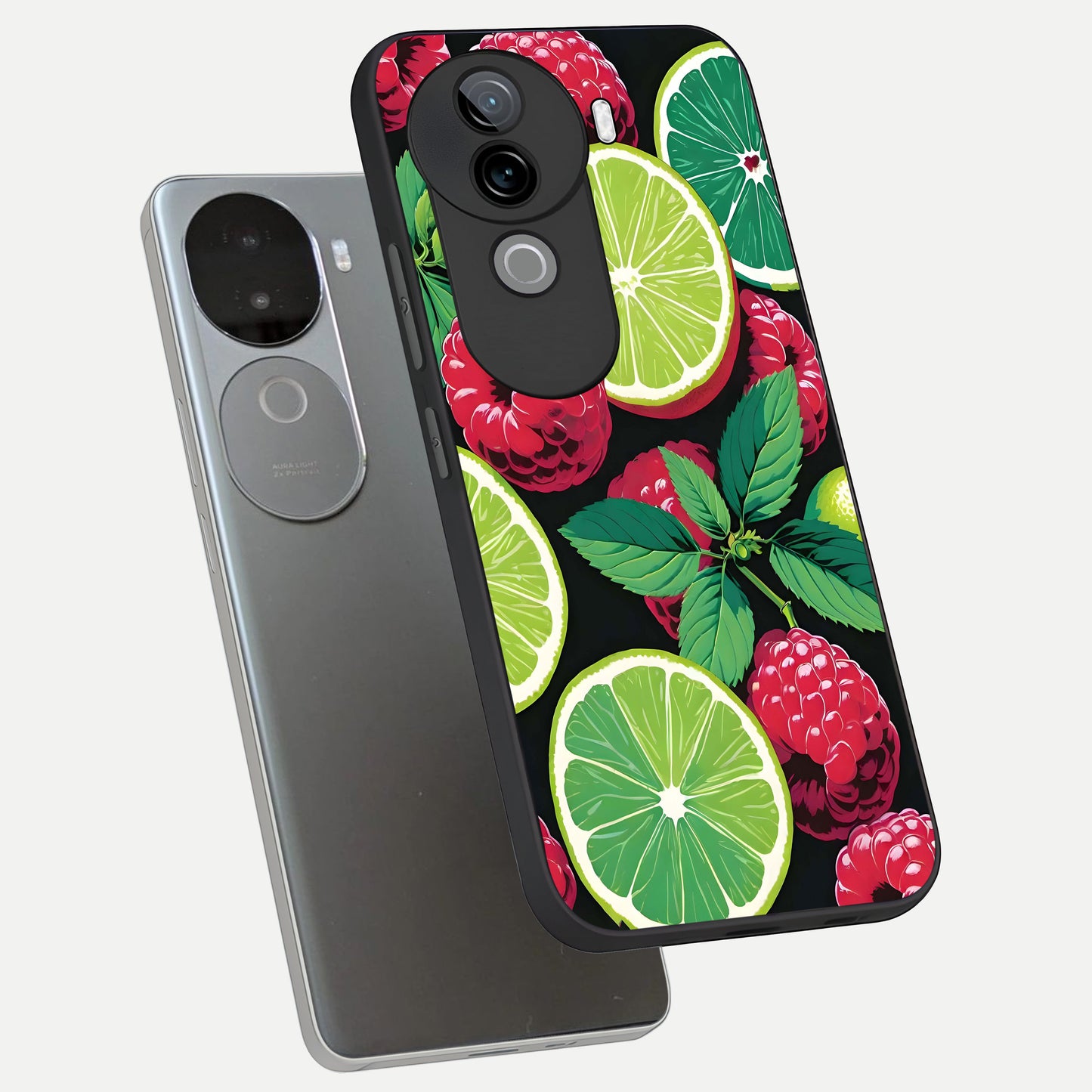  Lime and Raspberry Pattern phone case for iQOO Z9s showing premium glass back cover with detailed artwork