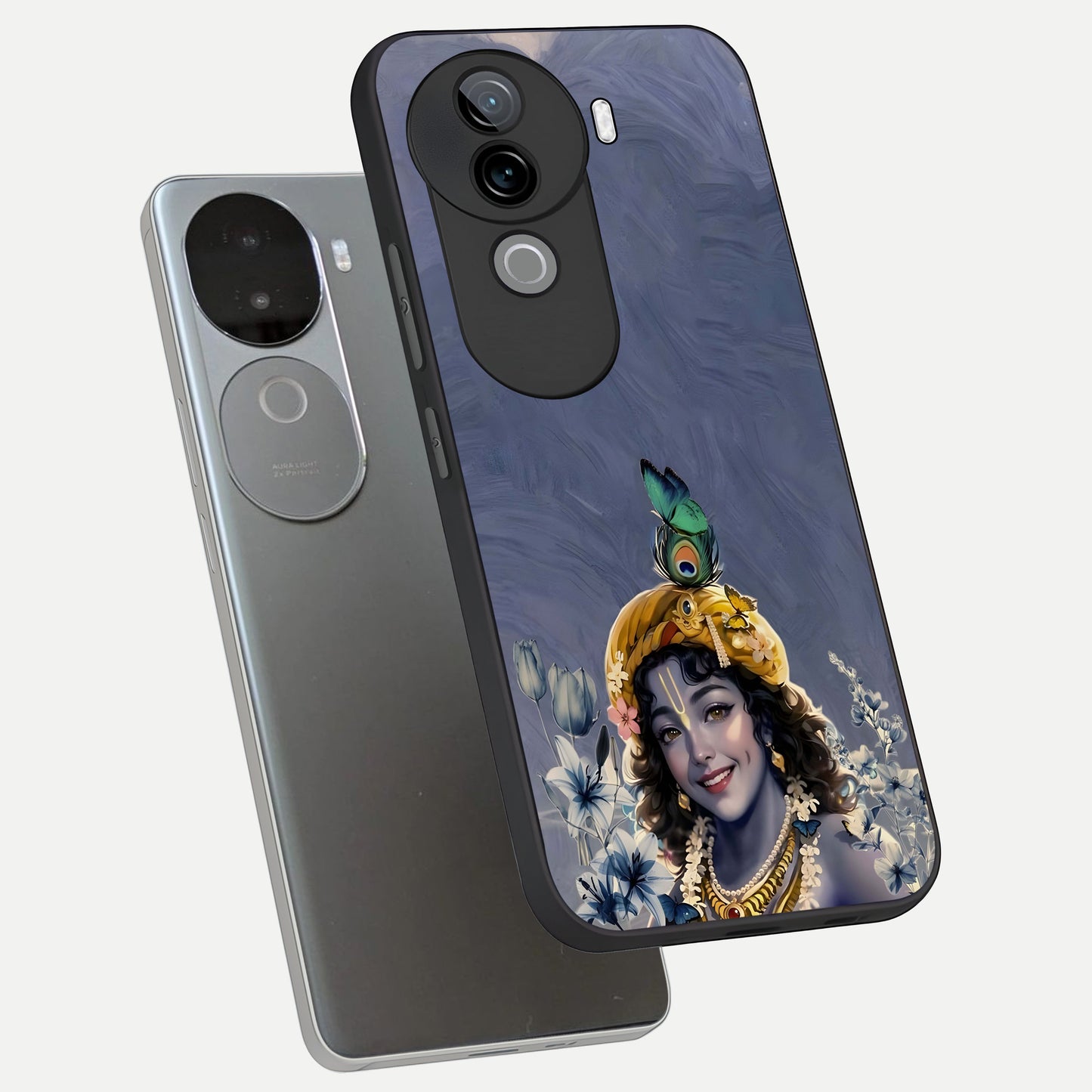  Lord Krishna phone case for iQOO Z9s showing premium glass back cover with detailed artwork