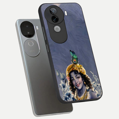  Lord Krishna phone case for iQOO Z9s showing premium glass back cover with detailed artwork