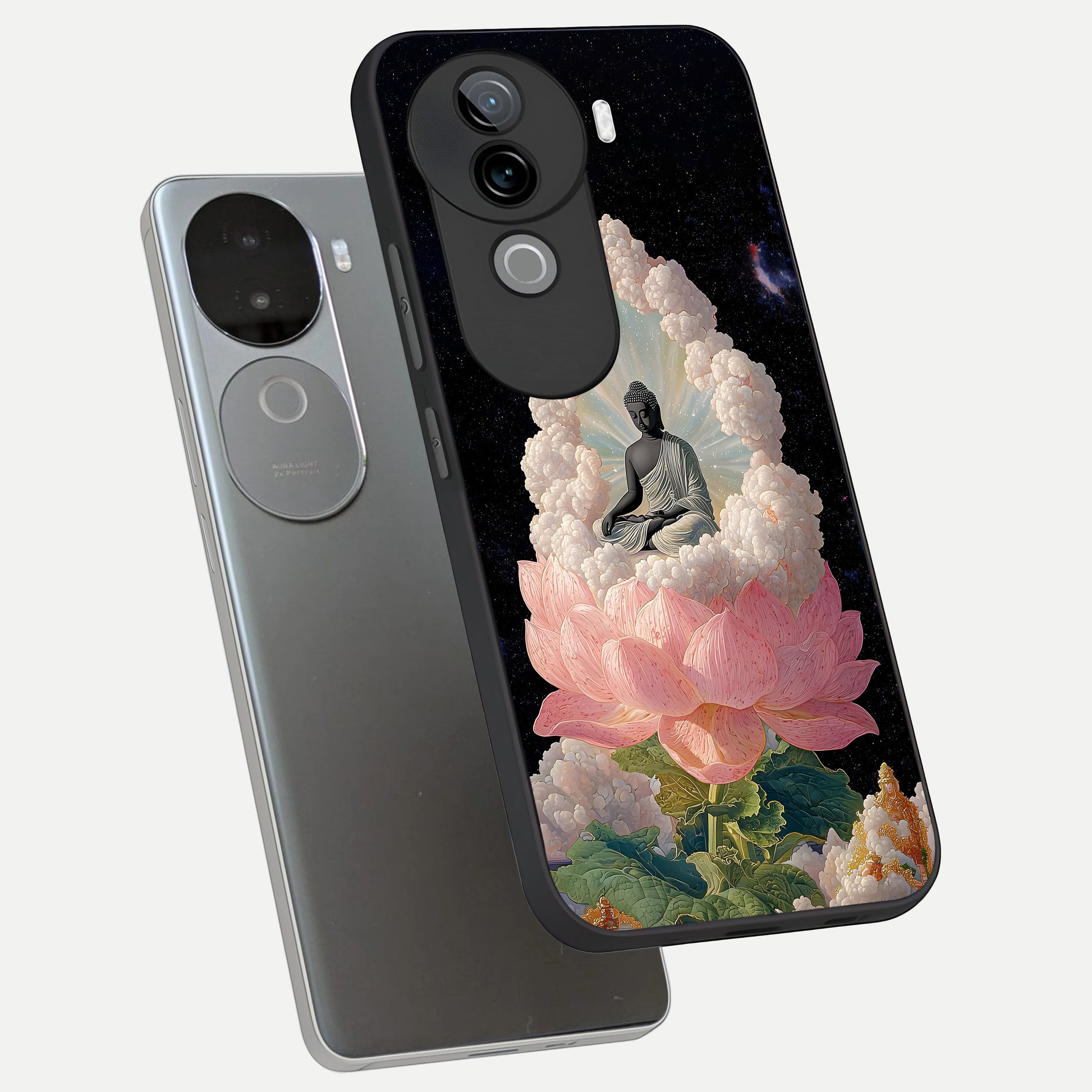  Lotus Divine Peace phone case for iQOO Z9s showing premium glass back cover with detailed artwork