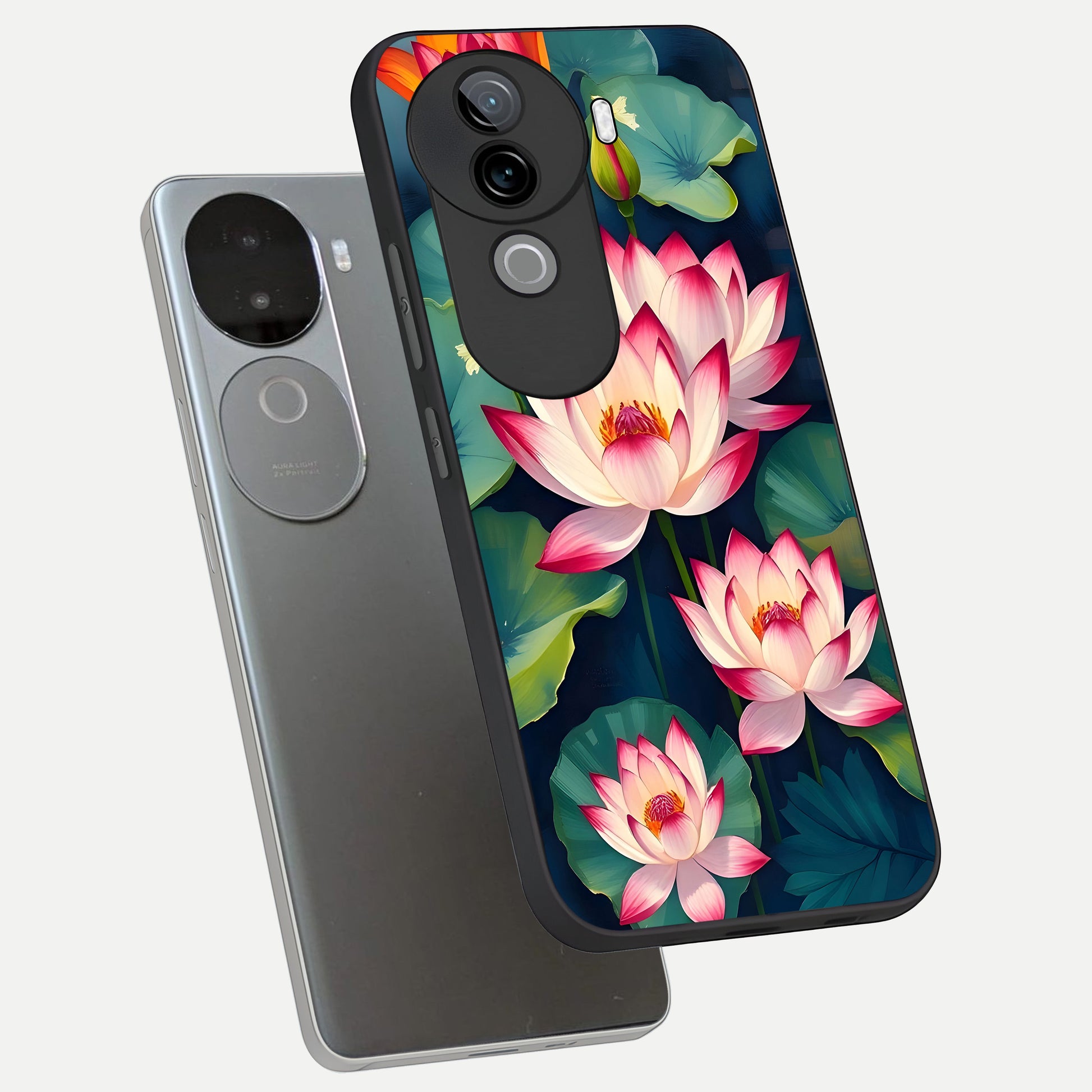  Lotus Dream Serenity phone case for iQOO Z9s showing premium glass back cover with detailed artwork