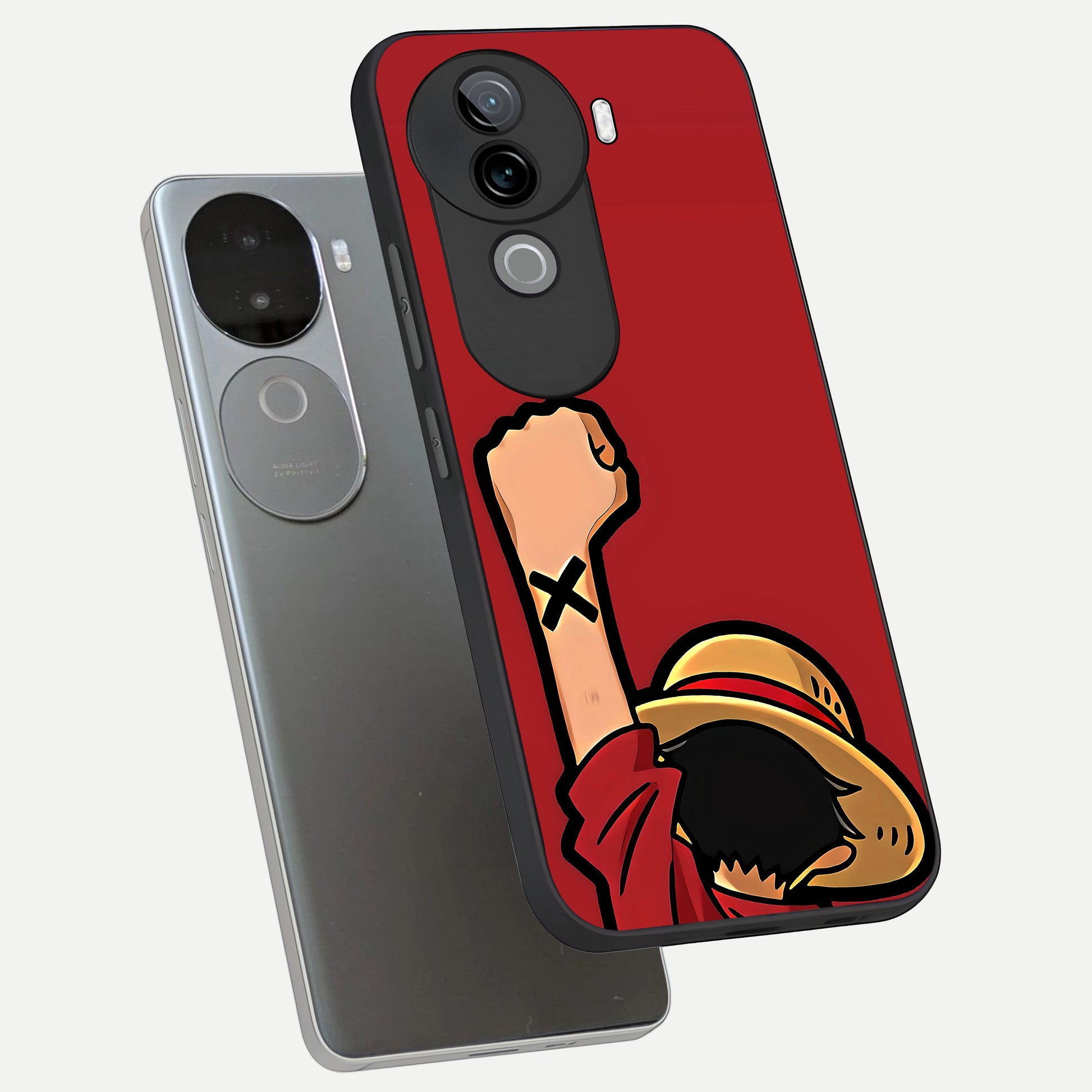  Luffy X Spirit phone case for iQOO Z9s showing premium glass back cover with detailed artwork