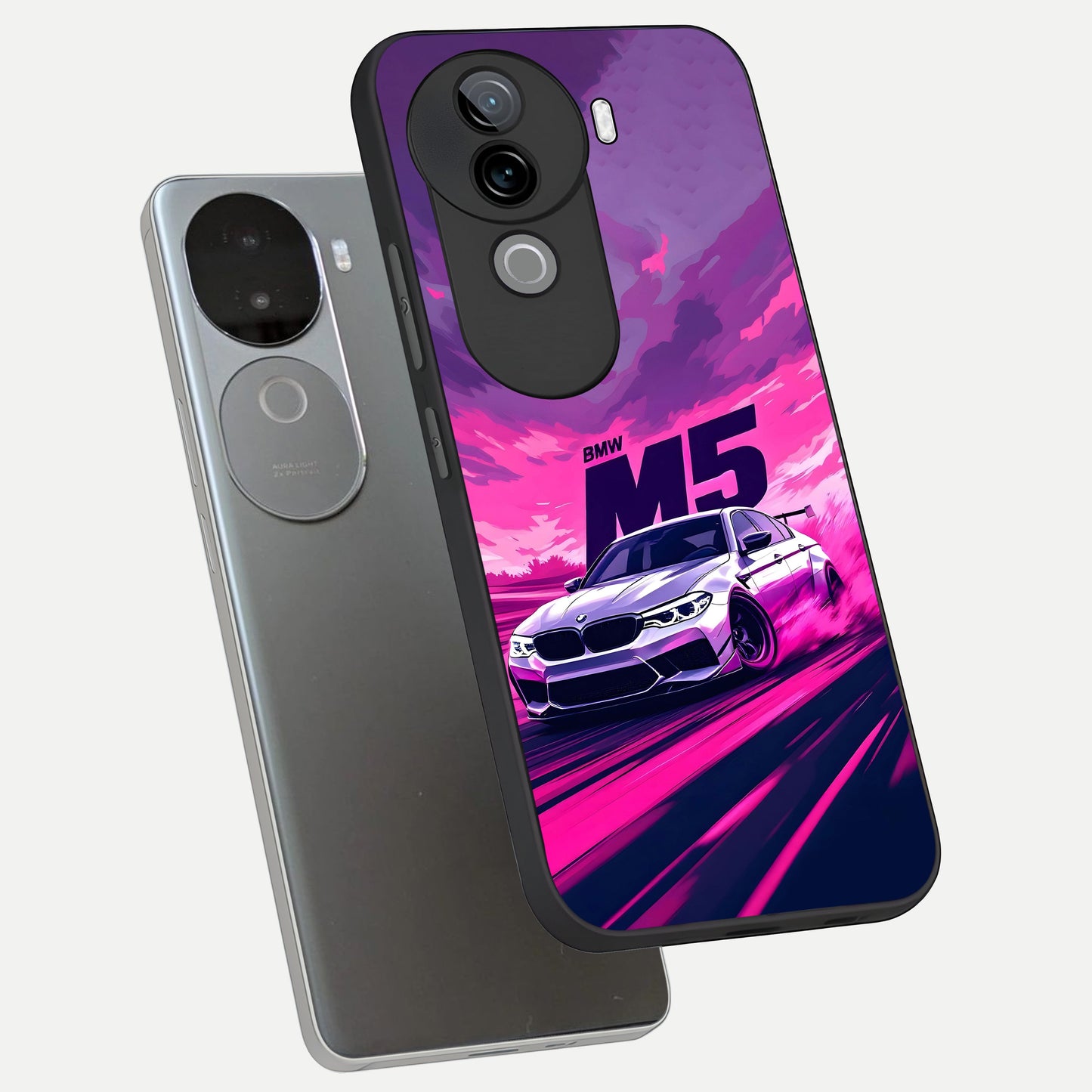  MS Neon Car phone case for iQOO Z9s showing premium glass back cover with detailed artwork
