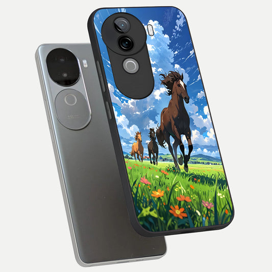  Majestic Horses Galloping phone case for iQOO Z9s showing premium glass back cover with detailed artwork