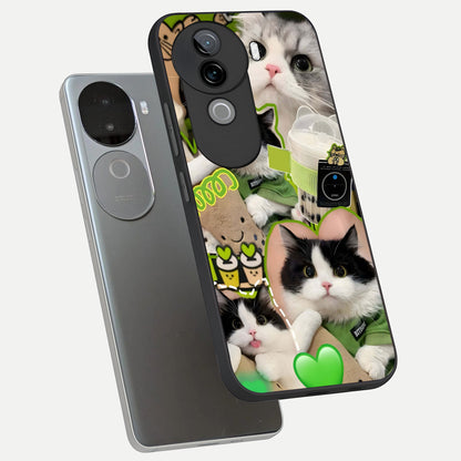  Matcha Cats Mood phone case for iQOO Z9s showing premium glass back cover with detailed artwork