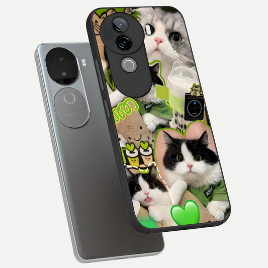  Matcha Cats Mood phone case for iQOO Z9s showing premium glass back cover with detailed artwork