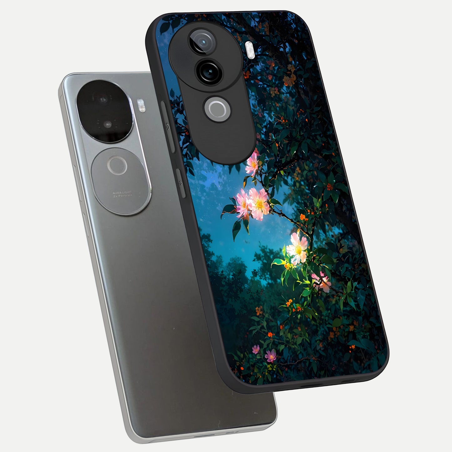  Midnight Bloom Glow phone case for iQOO Z9s showing premium glass back cover with detailed artwork