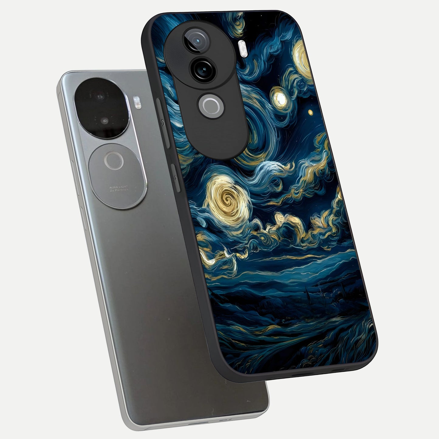  Midnight Sky Whirl phone case for iQOO Z9s showing premium glass back cover with detailed artwork