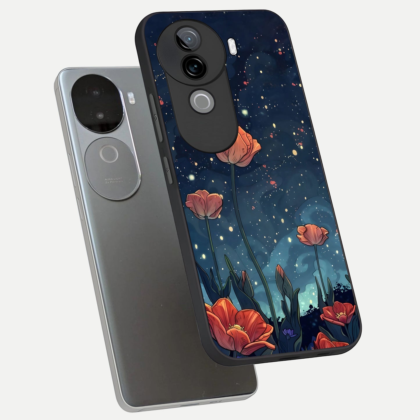  Midnight Tulip Glow phone case for iQOO Z9s showing premium glass back cover with detailed artwork