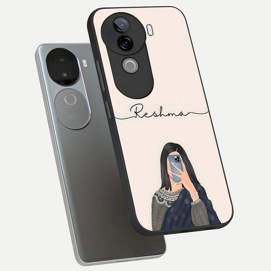  Mirror Mood Muse With Custom Name phone case for iQOO Z9s showing premium glass back cover with detailed artwork