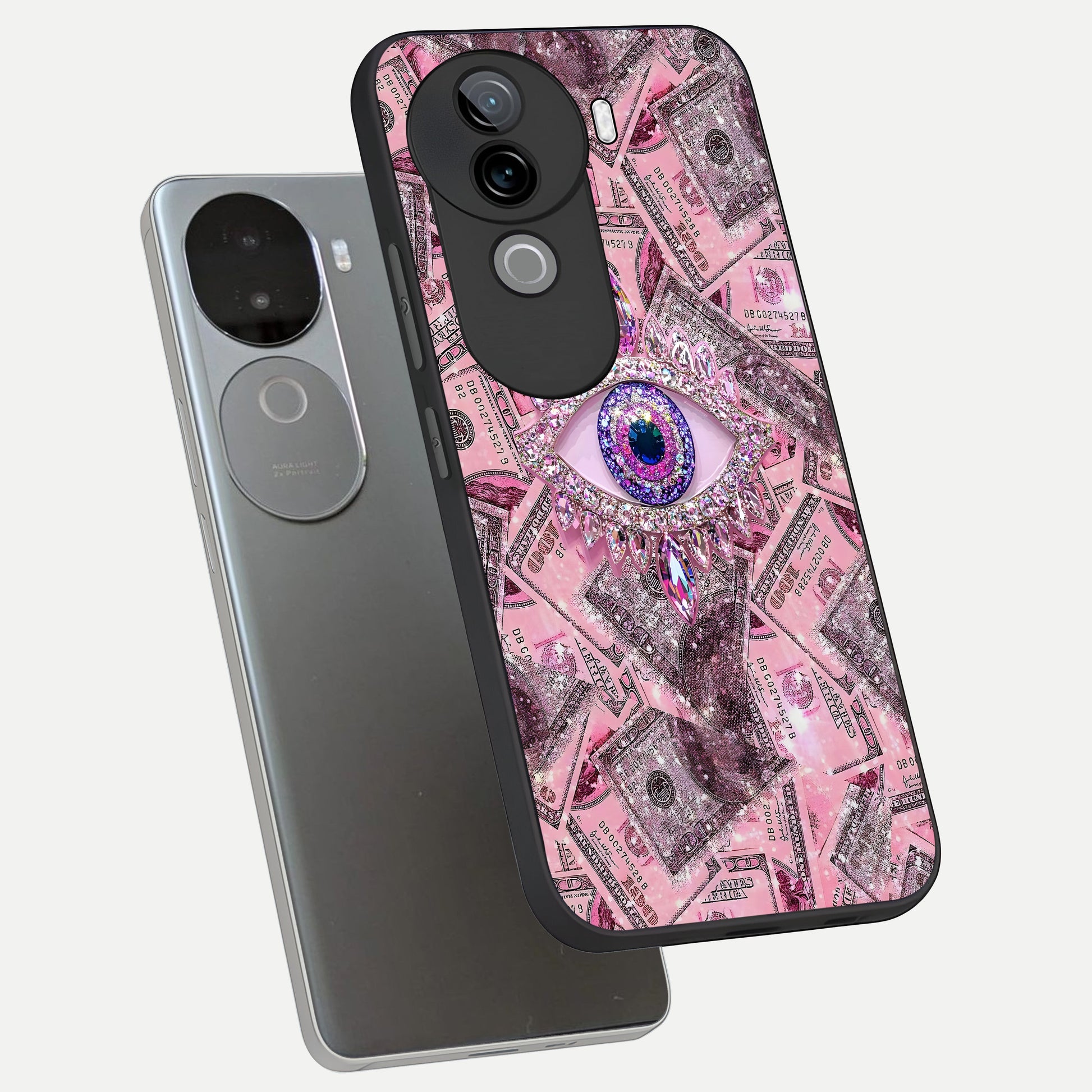  Money Eye Luxe phone case for iQOO Z9s showing premium glass back cover with detailed artwork