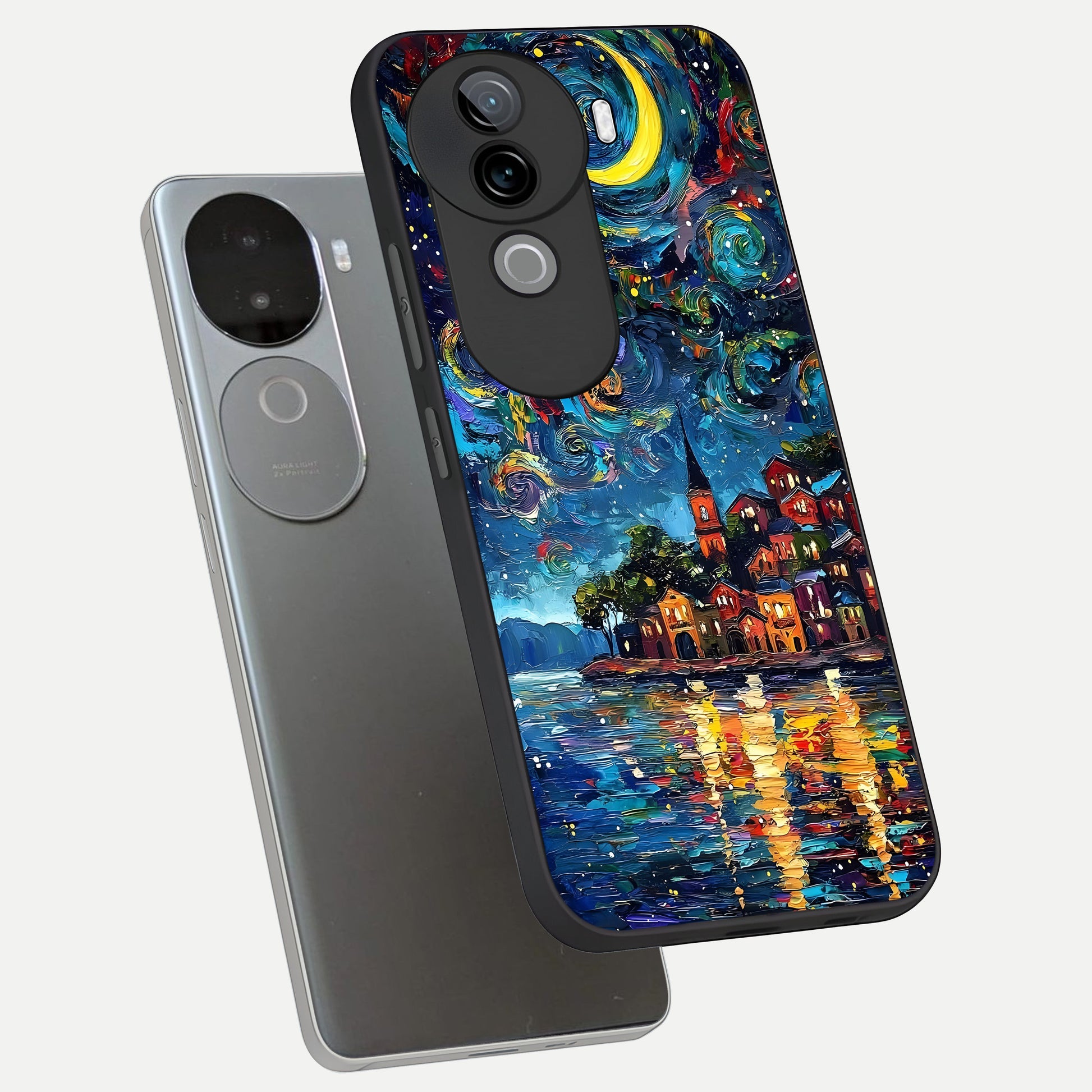 Moonlight Harbor Glow phone case for iQOO Z9s showing premium glass back cover with detailed artwork