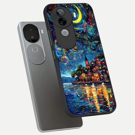  Moonlight Harbor Glow phone case for iQOO Z9s showing premium glass back cover with detailed artwork