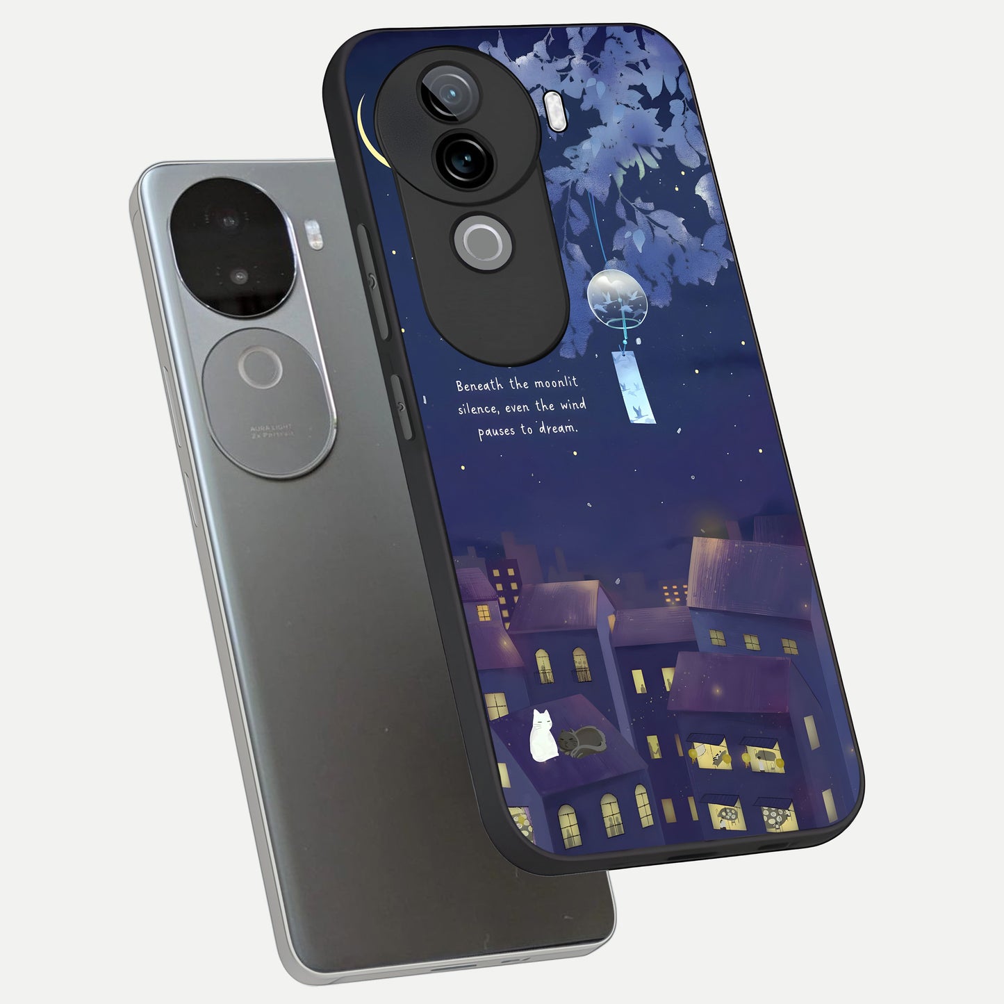  Moonlit Cat Silence phone case for iQOO Z9s showing premium glass back cover with detailed artwork