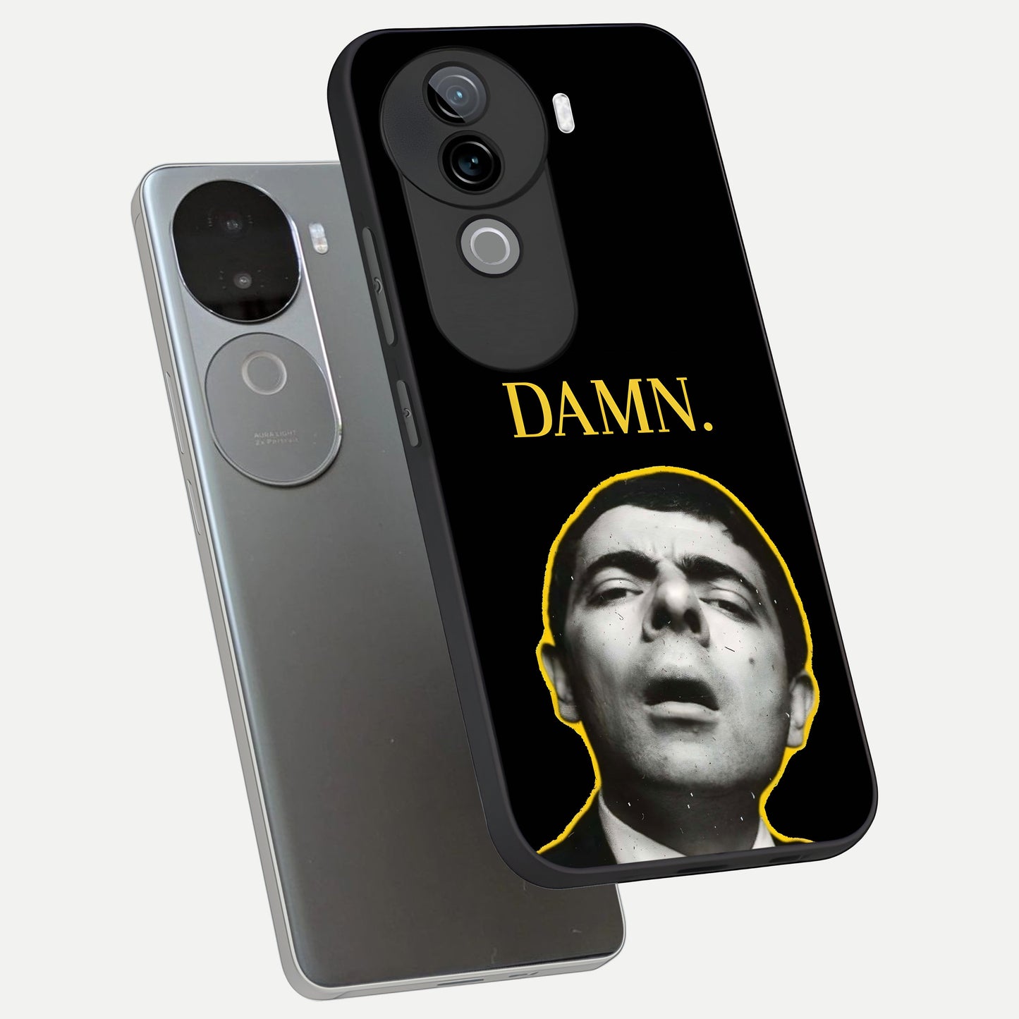  Mr Bean Damn phone case for iQOO Z9s showing premium glass back cover with detailed artwork