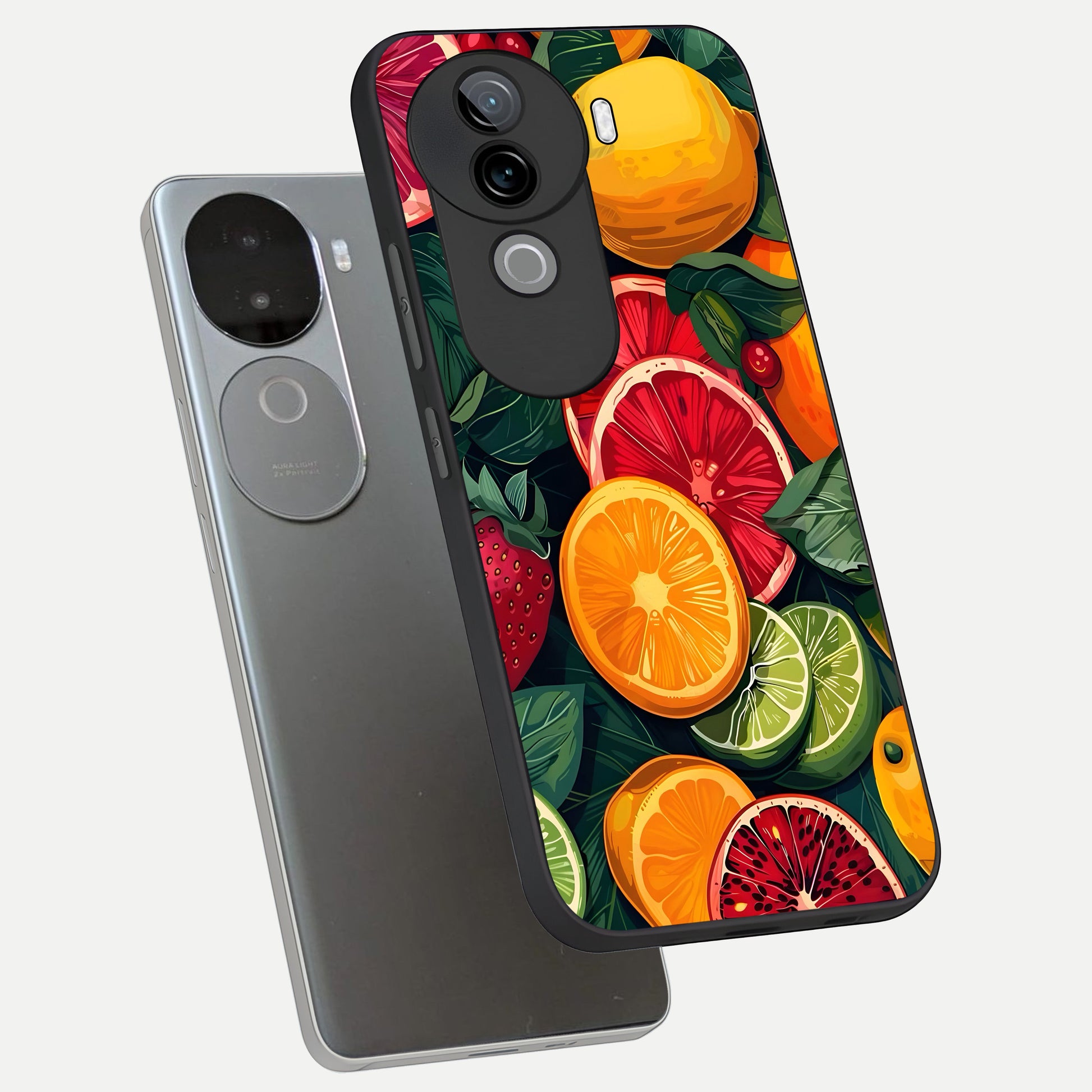  Multiple Fruits phone case for iQOO Z9s showing premium glass back cover with detailed artwork