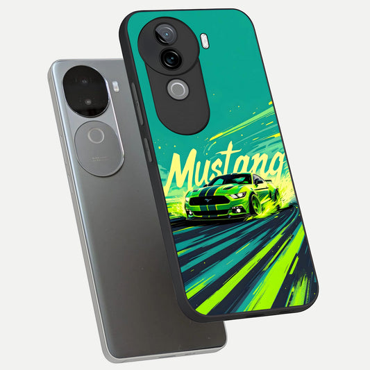  Mustang Bang phone case for iQOO Z9s showing premium glass back cover with detailed artwork