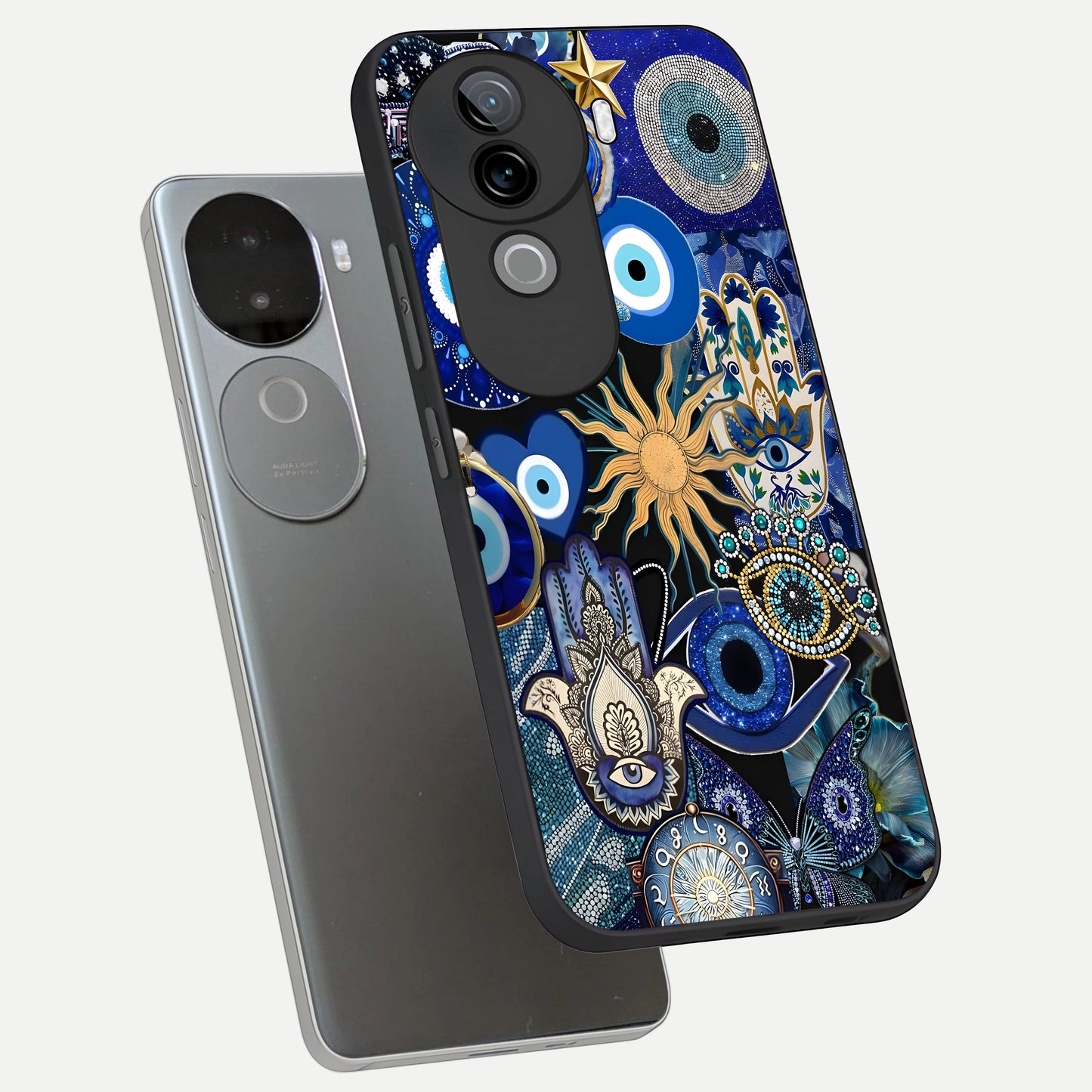  Mystic Blue Evil Eye phone case for iQOO Z9s showing premium glass back cover with detailed artwork