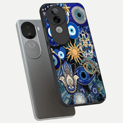  Mystic Blue Evil Eye phone case for iQOO Z9s showing premium glass back cover with detailed artwork