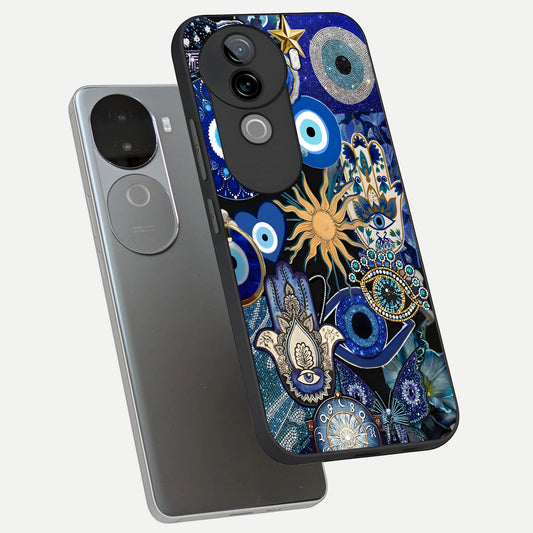  Mystic Blue Evil Eye phone case for iQOO Z9s showing premium glass back cover with detailed artwork