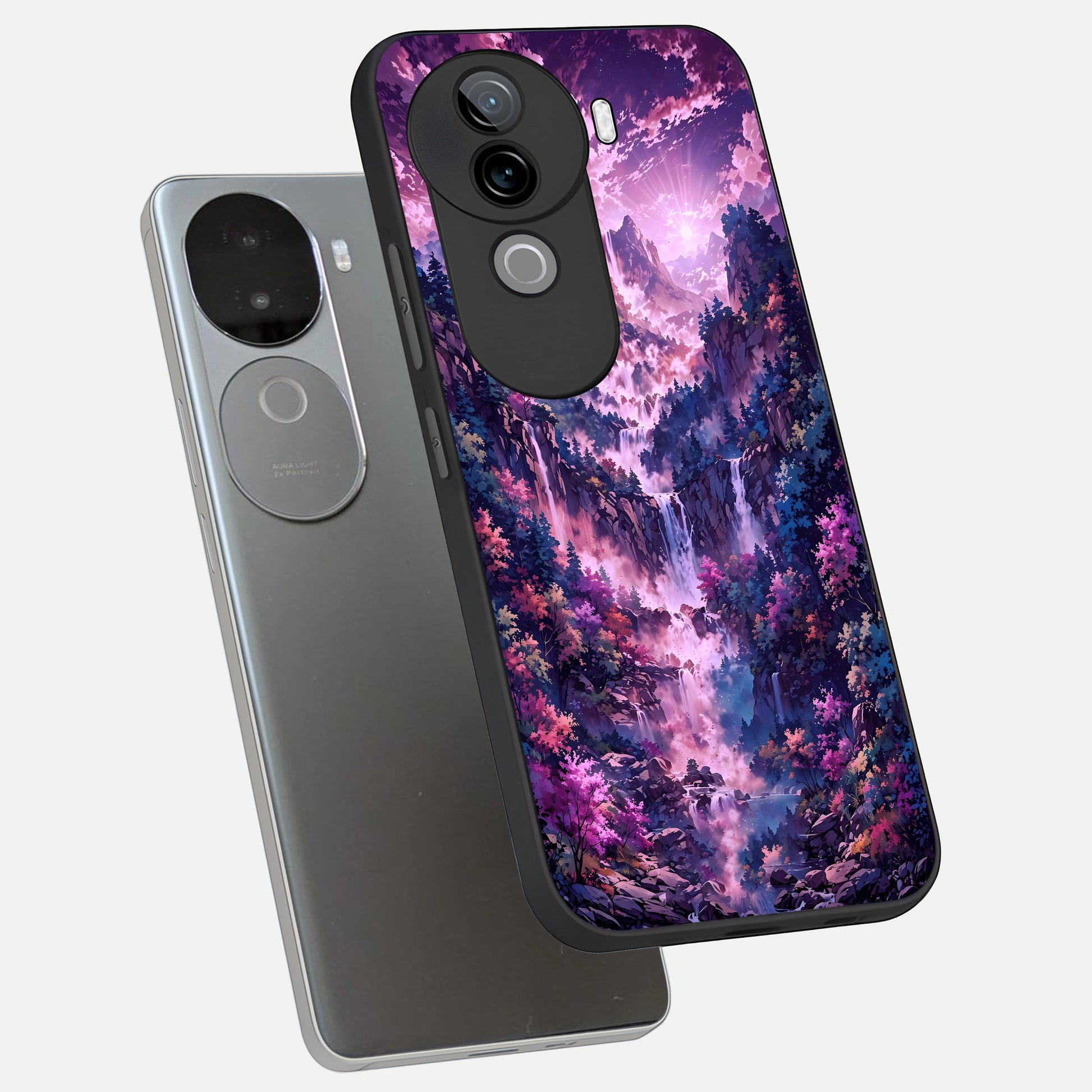  Mystic Cascade Peaks phone case for iQOO Z9s showing premium glass back cover with detailed artwork