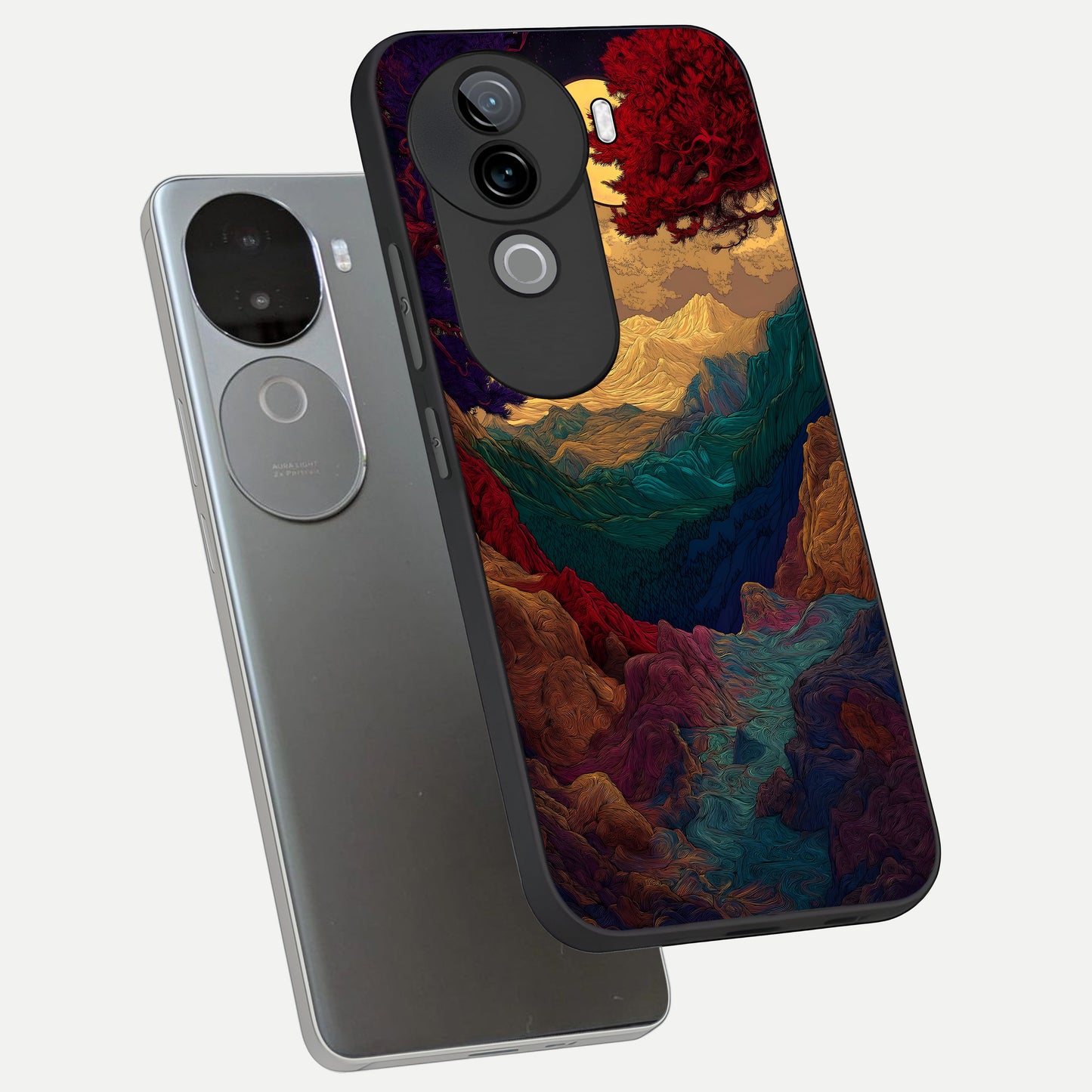  Mystic Valley Light phone case for iQOO Z9s showing premium glass back cover with detailed artwork