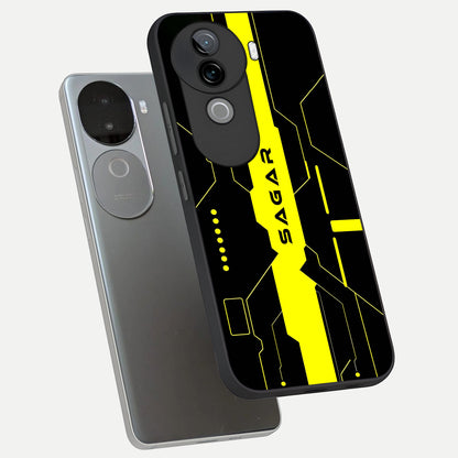  Neon CYBERPUNK Custom Name phone case for iQOO Z9s showing premium glass back cover with detailed artwork