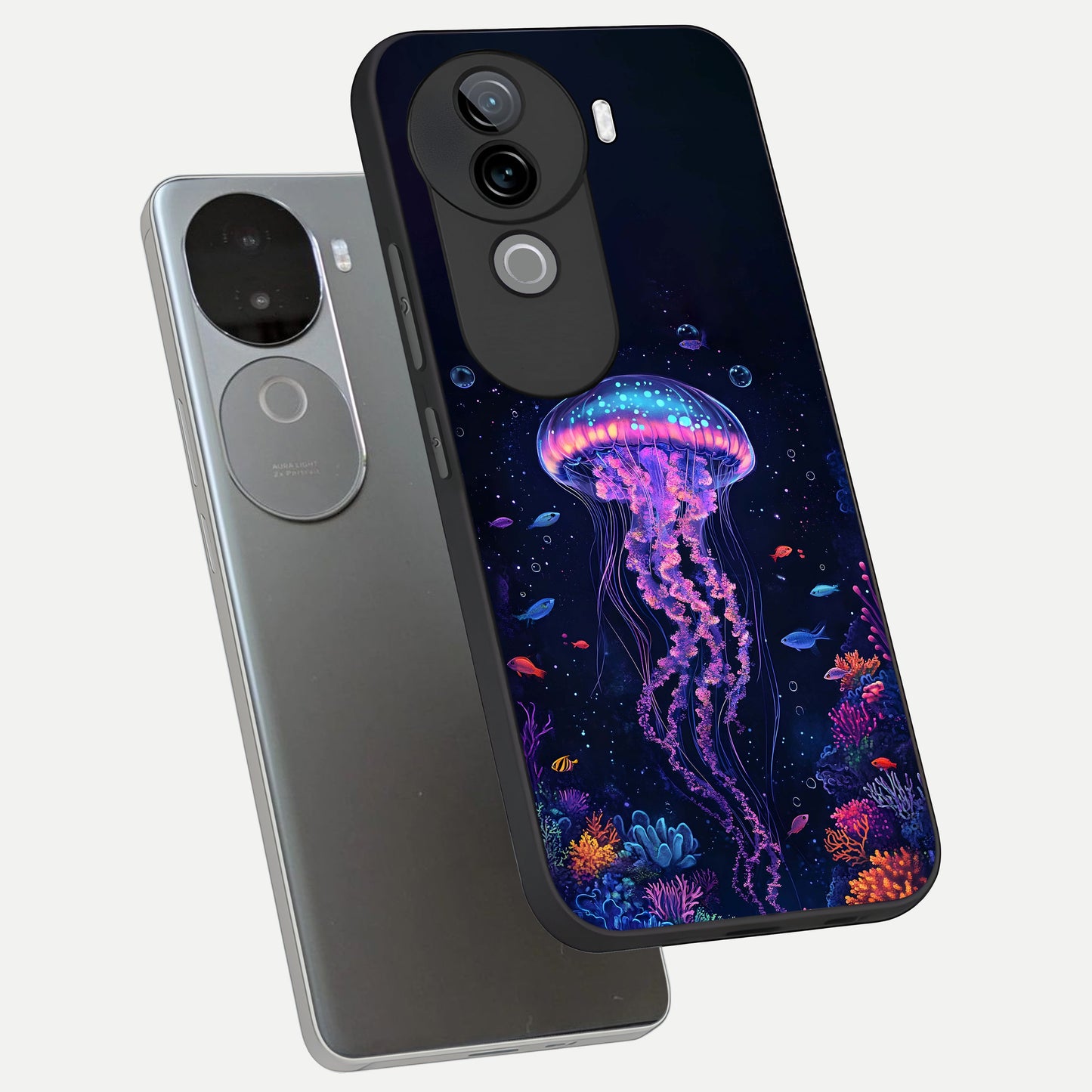  Neon Jellyfish phone case for iQOO Z9s showing premium glass back cover with detailed artwork