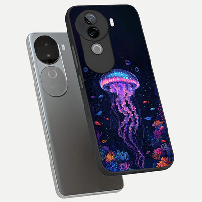  Neon Jellyfish phone case for iQOO Z9s showing premium glass back cover with detailed artwork