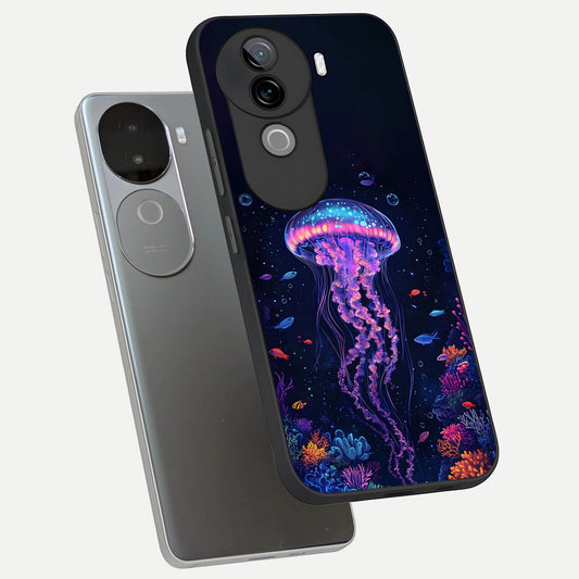  Neon Jellyfish phone case for iQOO Z9s showing premium glass back cover with detailed artwork