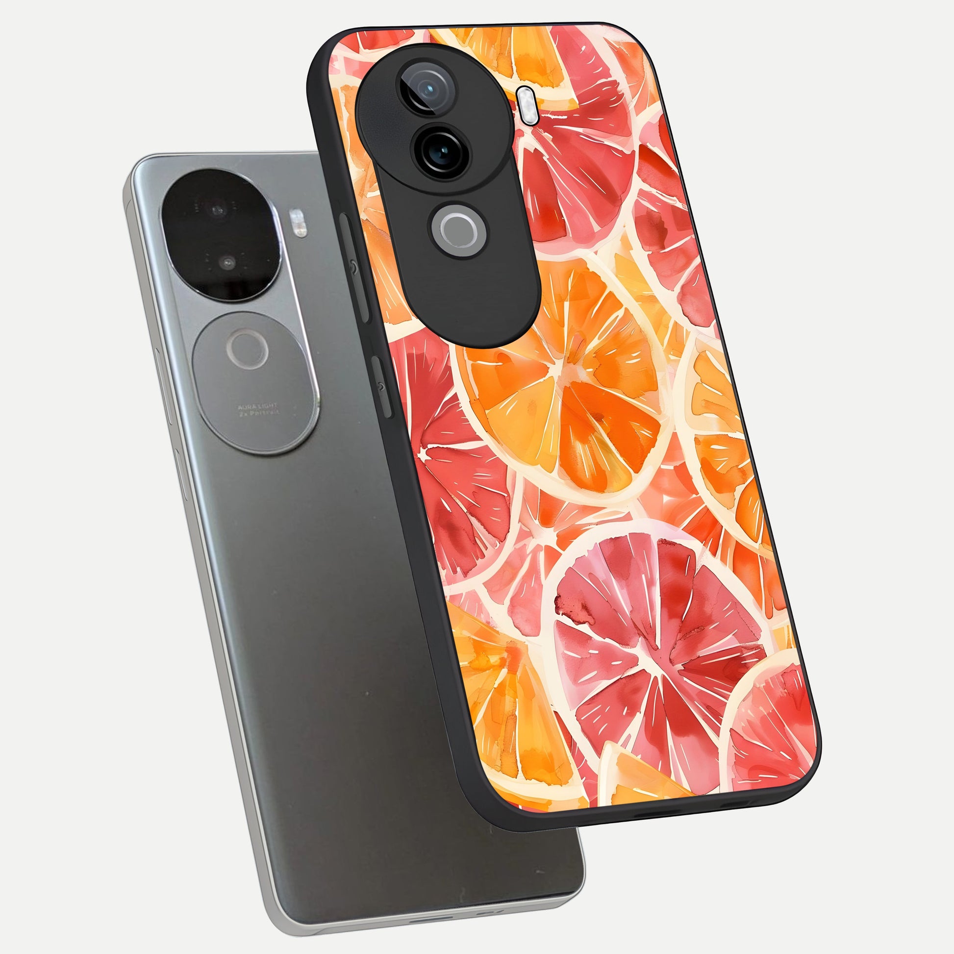  Orange Fruits Pattern phone case for iQOO Z9s showing premium glass back cover with detailed artwork