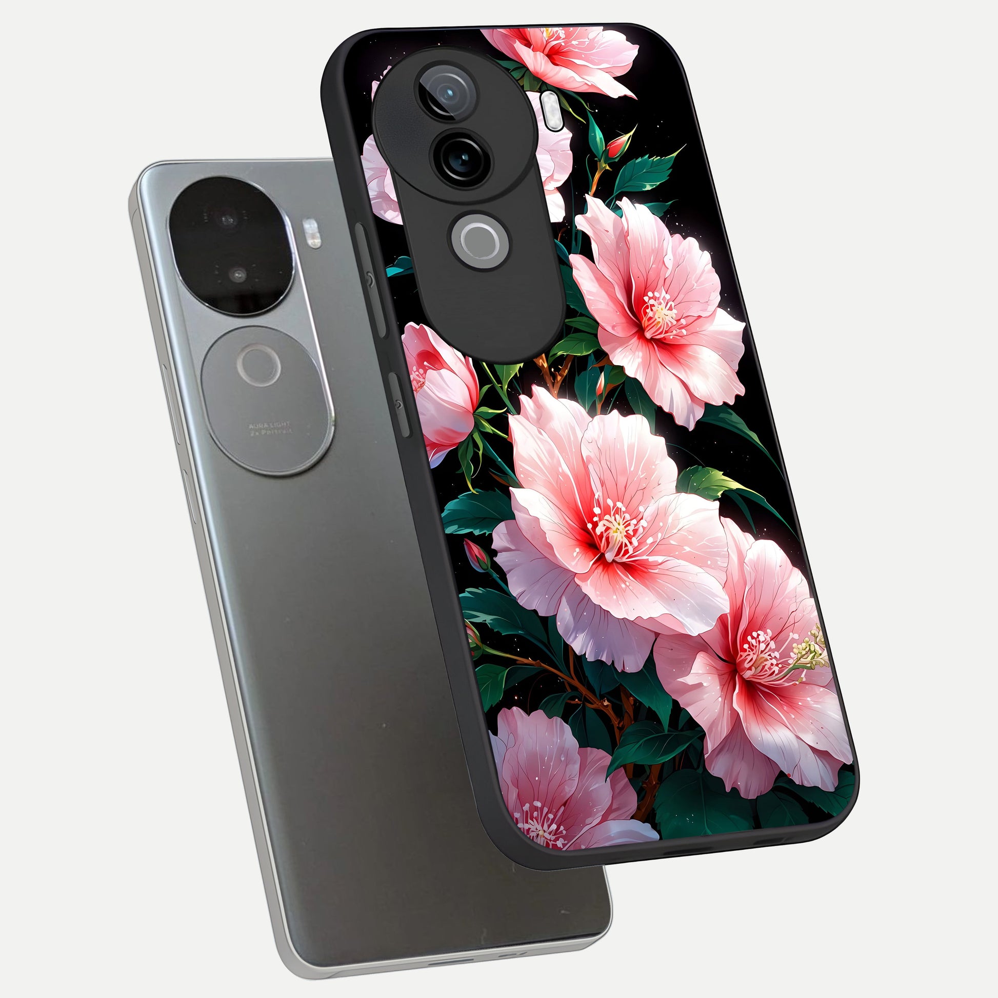  Peach Flower phone case for iQOO Z9s showing premium glass back cover with detailed artwork